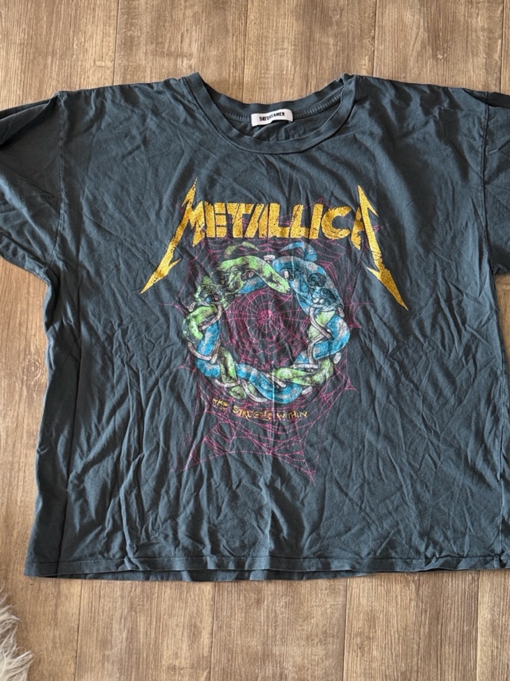 Daydreamer Charcoal Tee with Yellow Metallica Logo and Multicolor Graphic